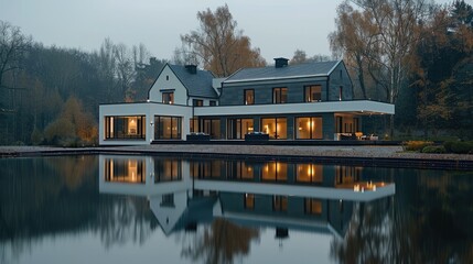 Leinwandbilder - Architecture minimalist, reflection, stone, nature, large estate house. Generative AI.