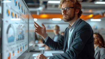 Leinwandbilder - Professional engineers in a training room during a lecture by a teacher in a modern training room. The teacher uses an interactive whiteboard showing energy consumption graphs. Generative AI.