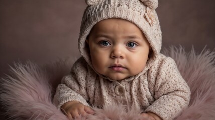 portrait of a girl in a knitted suit and a hood with ears on her head on a neutral background