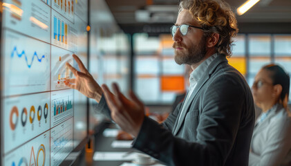 Leinwandbilder - Professional engineers in a training room during a lecture by a teacher in a modern training room. The teacher uses an interactive whiteboard showing energy consumption graphs. Generative AI.
