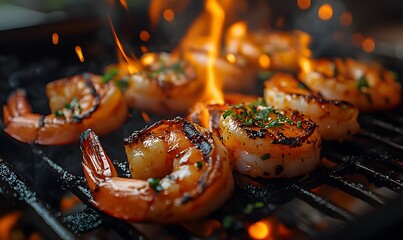 Wall Mural - closeup shot of shrimp on the bbq rack, Generative AI 