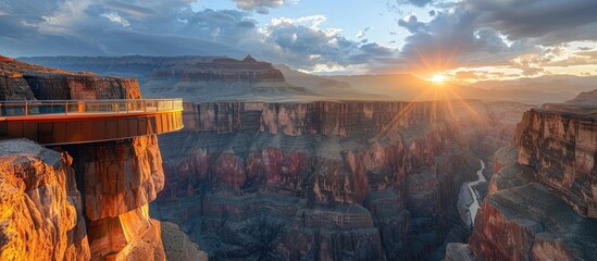 Breathtaking vista of a vast and colorful canyon landscape at sunset with a scenic overlook bridge offering a panoramic view of the towering rock formations hoodoos and dramatic clouds in the sky