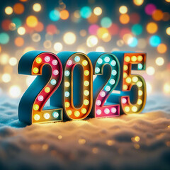 2025 numbers with colorful lights on a soft snowy surface, glowing bokeh background. New Year celebration design for print and decoration