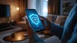 © gankevstock - Person holding a smartphone with a glowing security shield icon in a modern living room