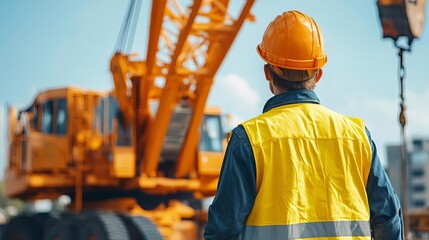 Construction worker observing crane operation on site with safety gear, emphasizing safety and teamwork in building processes.