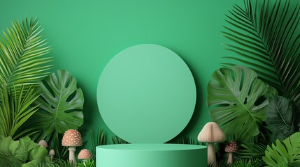 A vibrant green backdrop featuring a circular platform surrounded by lush foliage and mushrooms, perfect for creative displays.