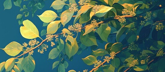 Wall Mural - Summer painting of leaves and flowers from the linden tree