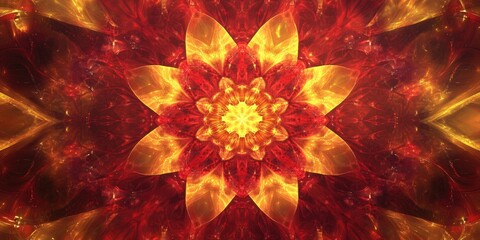 Wall Mural - Abstract fractal background featuring a red and yellow kaleidoscope design Stunning visuals suitable for wallpaper albums posters and creative graphic projects