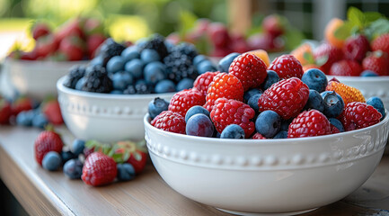 Wall Mural - White ceramic bowls filled with fresh berries, placed on an outdoor dining table for a colorful and refreshing fruit salad platter or serving dish. Generative AI.