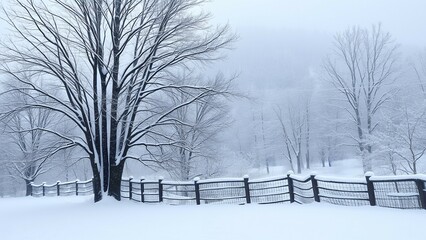 Sticker - A snow-covered landscape with a fence and bare trees.