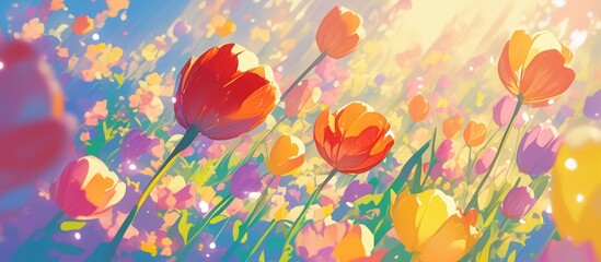 Wall Mural - Vibrant tulip field in morning light showcasing stunning blooms and the essence of spring in a colorful garden