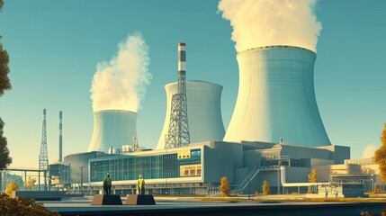 Wall Mural - A nuclear power plant with its iconic cooling towers and domed reactor buildings