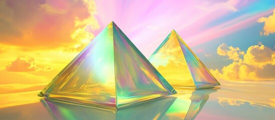 A 3D render depicting two glass pyramids hovering in a vibrant sky filled with yellow pink lilac and green hues showcasing a Y2K style illustration