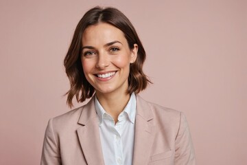 young satisfied smiling happy fun cheerful successful european employee business woman 30s she wearing casual classic jacket look camera isolated on plain pastel light pink background studio portrait