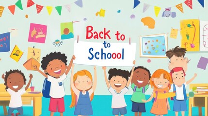 A back-to-school celebration scene with happy children in an elementary school classroom, featuring a diverse group of students holding a Back to School