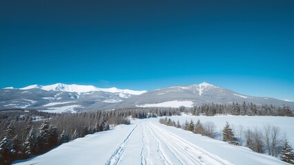 Canvas Print - Snow-covered mountain range under a clear blue sky.