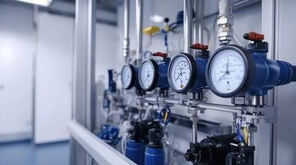 Canvas Print - A testing facility for high-pressure pumps, where engineers are conducting performance evaluations. The scene shows a pump connected to a series of gauges and sensors, measuring factors like flow rate