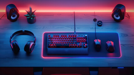 Poster - Top view of a gaming setup desk, neon light, mockup, keyboard, mousepad. Generative AI.