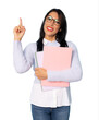 © Danko - Smiling woman holding books. isolated portrait of school teacher pointing finger up isolated over transparent background.