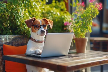 Dog wearing glasses working on laptop, sitting at outdoor cafe table, smart canine concept