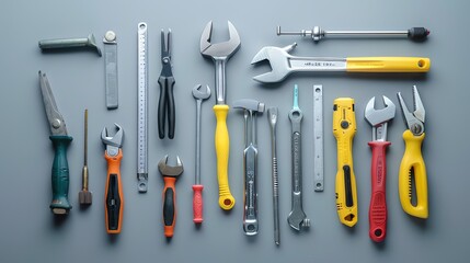 A flat lay of various tools, including wrenches, pliers, a hammer, and a screwdriver.