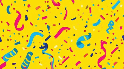 Colorful serpentine and confetti from an exploding party popper flat seamless pattern on a yellow background