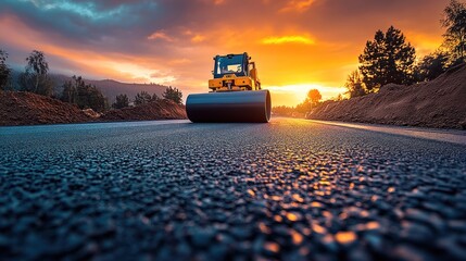 Under the sunset, the construction site roller presses the asphalt road Close up panoramic view