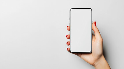 A woman's hand holding a blank smartphone on white background