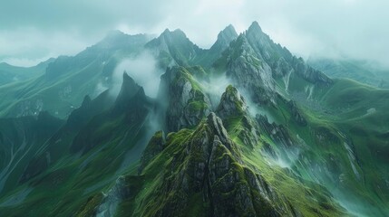 Wall Mural - Towering misty mountain peaks rise above a lush remote alpine landscape blanketed in verdant vegetation and shrouded in atmospheric fog  This dramatic serene