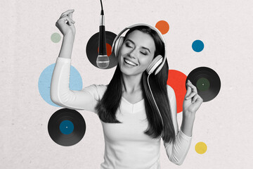 Canvas Print - Composite artwork collage image picture of black white effect girl headphones sing microphone isolated on creative background