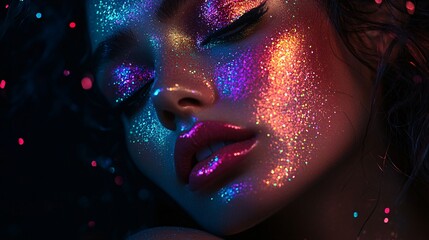 Wall Mural - Beautiful woman posing with neon glitter makeup for fashion photoshoot