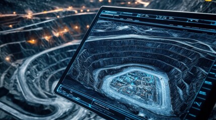 Wall Mural - user interface showing a digital twin of an open pit mine; futuristic; strong; elegant; professional
