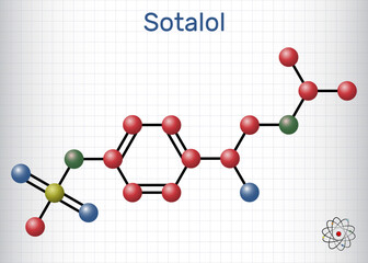 Poster - Sotalol drug molecule. Used to treat and prevent abnormal heart rhythms. Molecule model.  Sheet of paper in a cage.  Vector