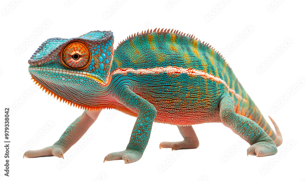 Colorful Chameleon Full-Body Profile with Intricate Patterned Scales and Vibrant Details on White Background, Cutout, Isolated on White Background