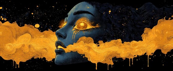 Wall Mural - A surreal portrait of a woman with glowing eyes and vibrant orange smoke.