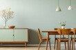 © Shrikant - Elegant Minimalist Green Dining Room Interior with Wooden Table and Chairs