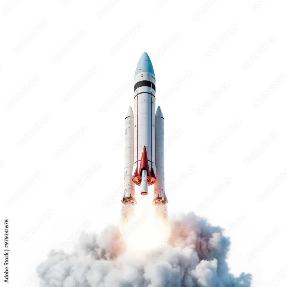 Rockets take off on a white backdrop, spewing white smoke and orange ...