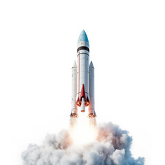 rockets take off on a white backdrop, spewing white smoke and orange flames. fit for concepts with a