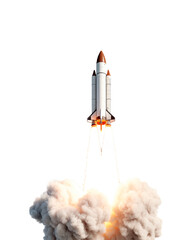 Fototapete - Rockets take off on a white backdrop, spewing white smoke and orange flames. Fit for concepts with a space theme and a science, technology, or inventive theme. Generative AI