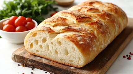 Wall Mural - Freshly baked bread on a wooden board with cherry tomatoes.