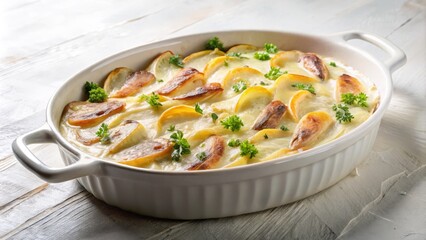 Simple, yet elegant, white ceramic baking dish filled with a rich and creamy potato gratin, topped with a scattering of anchovy fillets, set against a pristine white background.