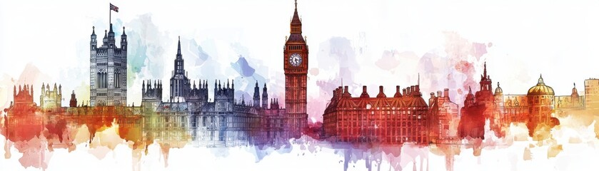 Vibrant watercolor skyline of London showcasing iconic landmarks in a colorful artistic style, perfect for modern decor.