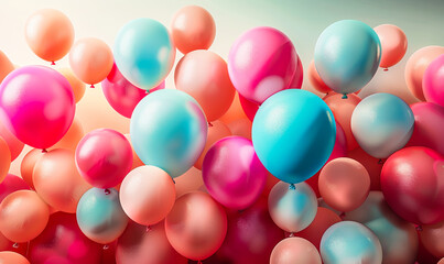 Wall Mural - Vibrant Party Celebration with Coral, Pink, and Aqua Balloons, 3D Render - Colorful Festive Background, Happy Event Atmosphere, Perfect for Birthdays, Weddings, Anniversaries, or Special Occasions