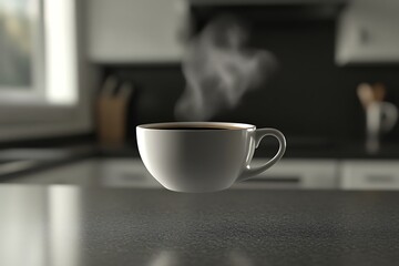 Isolated white mug filled with hot black coffee on a brown wooden table