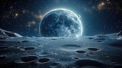 Aufkleber - The surface of the moon, looking out into space, a planet looming in the starry sky. Generative AI.