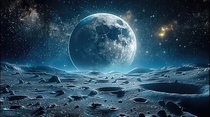 Aufkleber - The surface of the moon, looking out into space, a planet looming in the starry sky. Generative AI.
