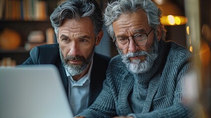 Leinwandbilder - Two professional business executives working together at office meeting. Mature male manager consulting client or colleague looking at laptop discussing e-business project planning corporate strategy.