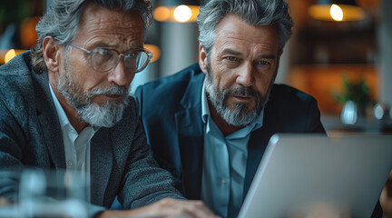 Leinwandbilder - Two professional business executives working together at office meeting. Mature male manager consulting client or colleague looking at laptop discussing e-business project planning corporate strategy.
