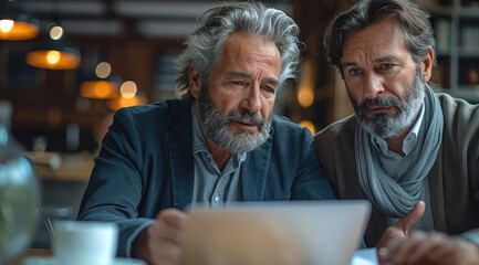 Leinwandbilder - Two professional business executives working together at office meeting. Mature male manager consulting client or colleague looking at laptop discussing e-business project planning corporate strategy.