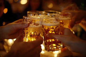 Poster - Hands clinking beer glasses in a bar party friends drinks.